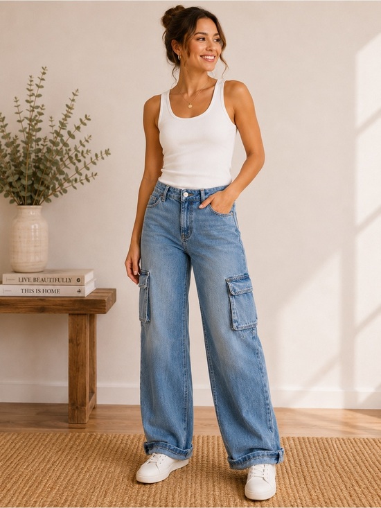 Banana Republic Denim - Banana Republic Barrel Cargo Jeans 25 Regular Light Wash Wide Leg Utility Denim